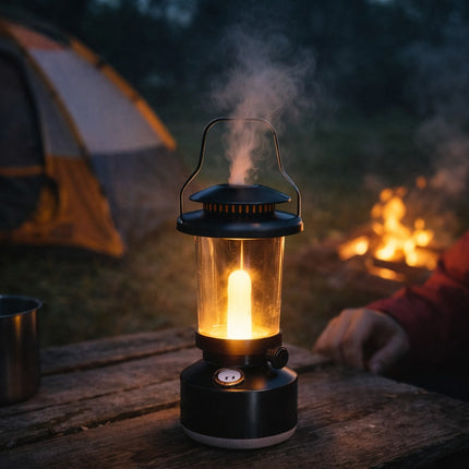 Camping scene with a lantern, campfire, and tent in the background