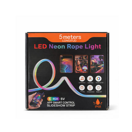 Box of LED Neon Rope Light with colorful design and text on a white background