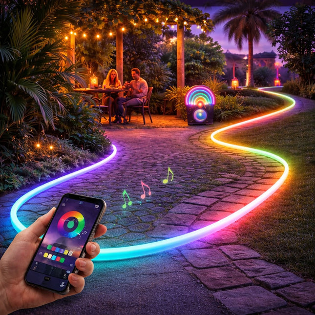 Colorful LED strip lights on a garden pathway with a smartphone control app.