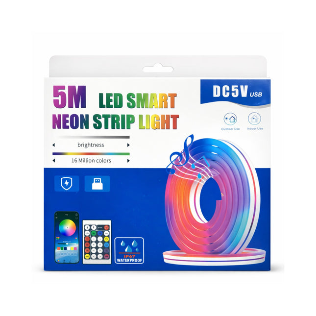 Packaging of 5M LED Smart Neon Strip Light with colorful design and text on a white background