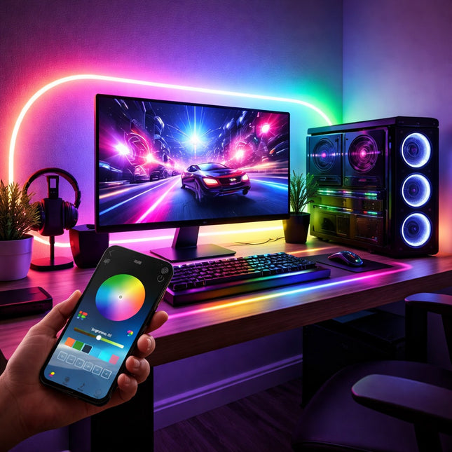Gaming setup with RGB lighting, computer monitor, keyboard, mouse, and smartphone.
