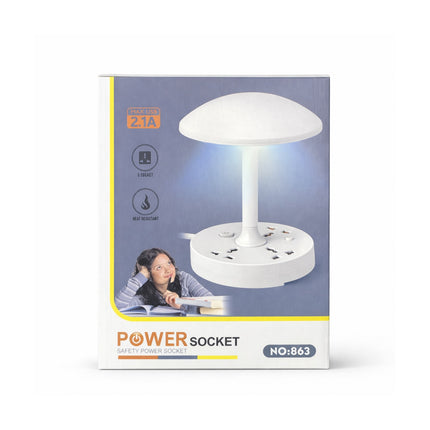 Power socket packaging with a child using the product on a white background