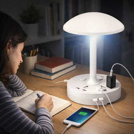 Person studying at a desk with a white lamp and multiple devices plugged in