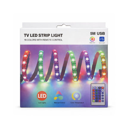 TV LED strip light packaging with colorful LED strip and remote control on a white background
