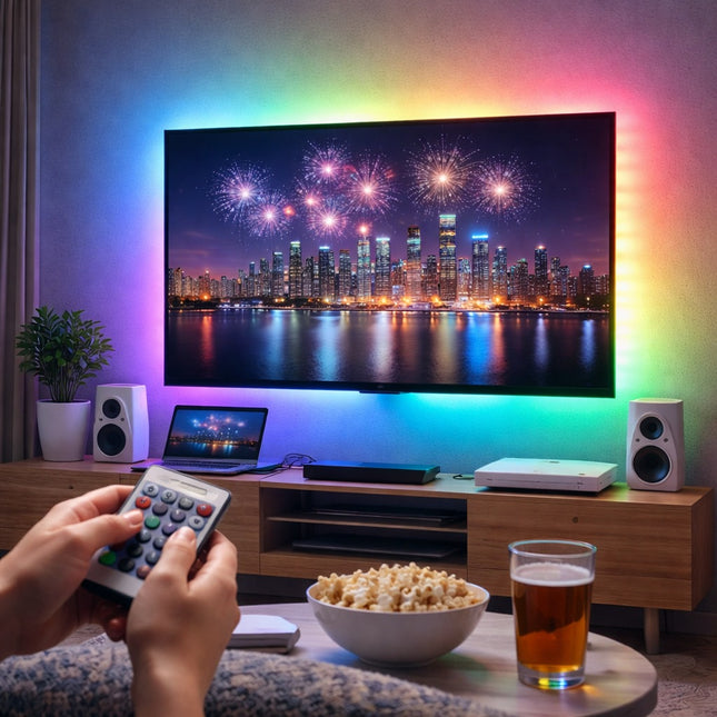 Living room setup with a TV displaying fireworks, speakers, laptop, popcorn, and beer.