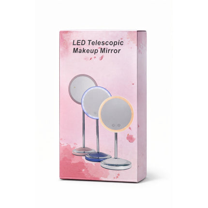 Box of LED Telescopic Makeup Mirror with pink background and mirror images.