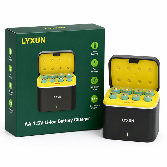 LYXUN AA 1.5V Li-ion battery charger shown with its dark green retail box and two open black charging cases with bright yellow interiors on a white studio background.
