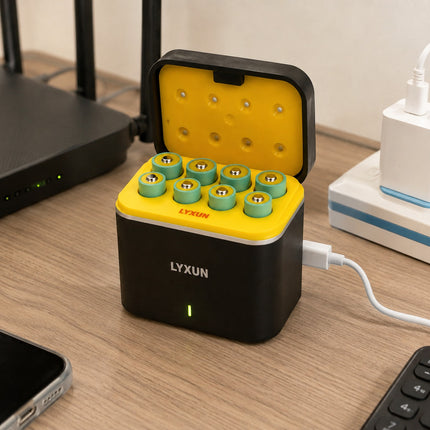 A LYXUN electronic device with a black exterior and a bright yellow interior, shown open on a wooden desk with a white cable plugged in. The device has multiple circular green and gold ports on top, and is surrounded by office items like a router, phone, and power adapter.