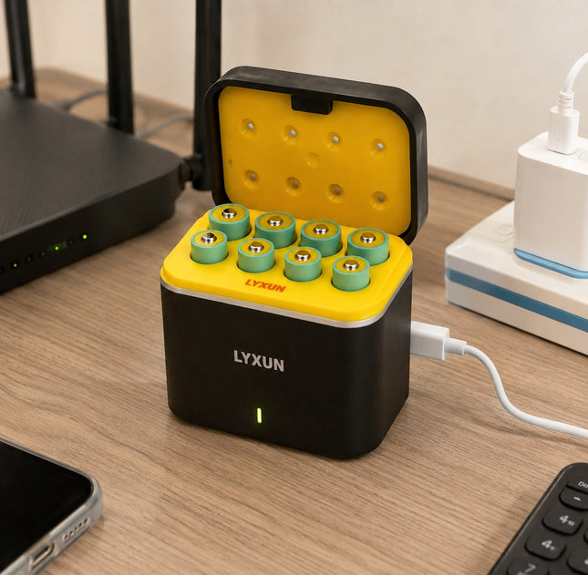 A LYXUN electronic device with a black exterior and a bright yellow interior, shown open on a wooden desk with a white cable plugged in. The device has multiple circular green and gold ports on top, and is surrounded by office items like a router, phone, and power adapter.