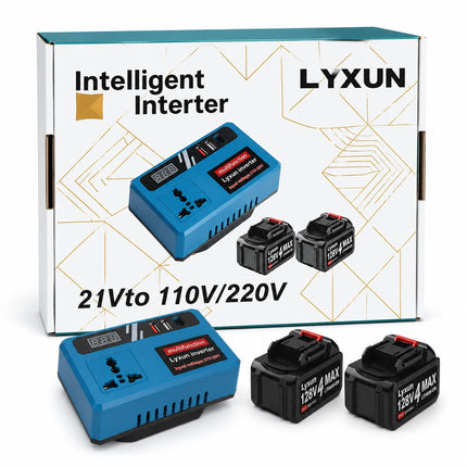 LYXUN Intelligent Interter 21V to 110V/220V smart cordless battery charger kit, featuring one blue charger, two 12V 4Ah batteries, and the product packaging box.