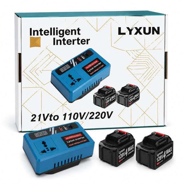 LYXUN Intelligent Interter 21V to 110V/220V smart cordless battery charger kit, featuring one blue charger, two 12V 4Ah batteries, and the product packaging box.