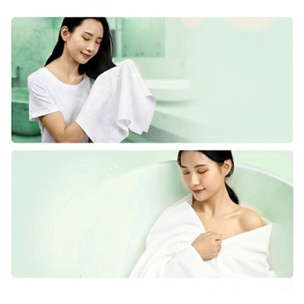 Two images of a woman using a towel, one drying her hair and the other wrapped in a towel.