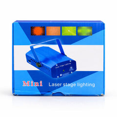 Box of a mini laser stage lighting device with color samples on a white background