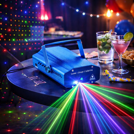 Blue laser projector emitting colorful lights on a table with drinks and snacks.