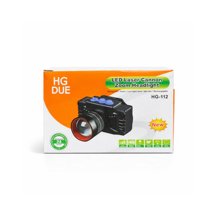Box of LED Laser Cannon Zoom Headlight with HG DUE branding on an orange and white background