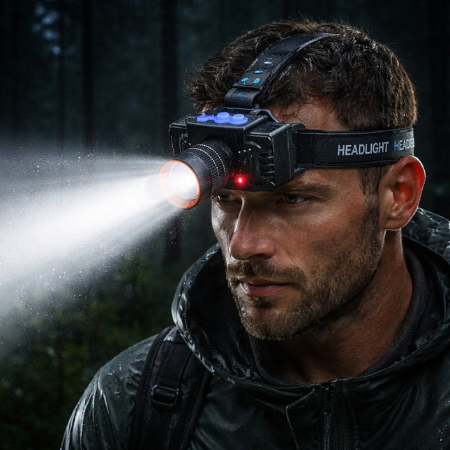 Man wearing a headlight in a forest setting