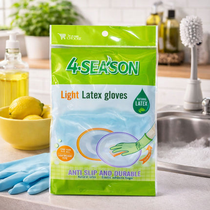 Package of 4-Season light latex gloves on a kitchen counter with gloves visible