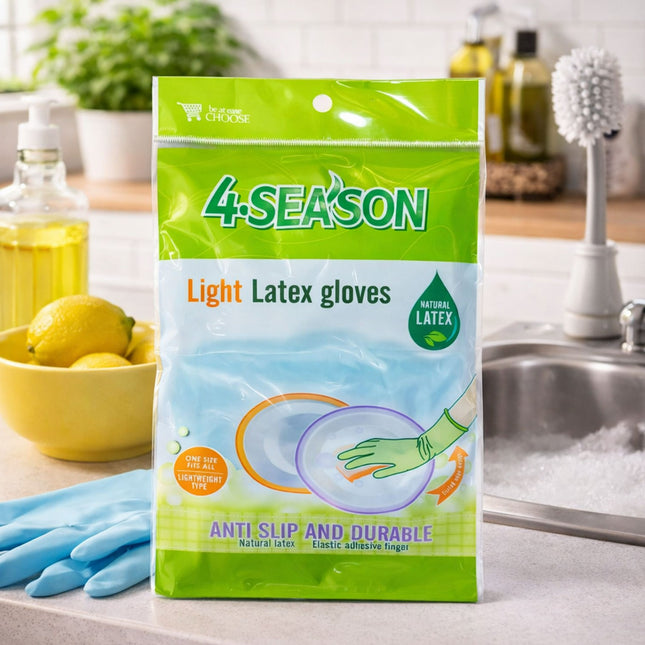 Package of 4-Season light latex gloves on a kitchen counter with gloves visible