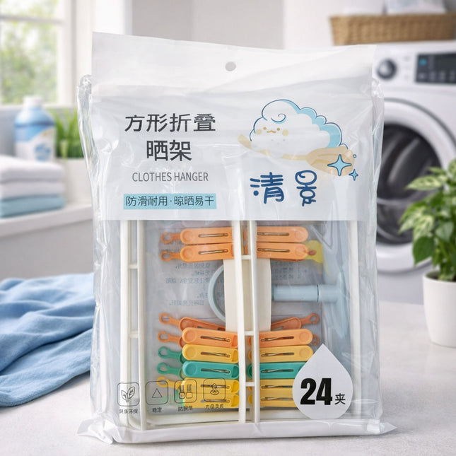 Clothes hanger set in a clear packaging bag with a laundry background