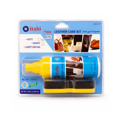 Italo leather care kit packaging with a spray bottle and applicator on a white background