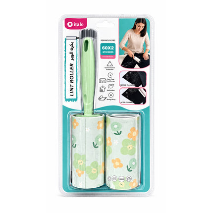 Lint roller with floral design in packaging on a white background