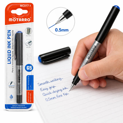 Motarro liquid ink pen with packaging and a hand writing on paper.