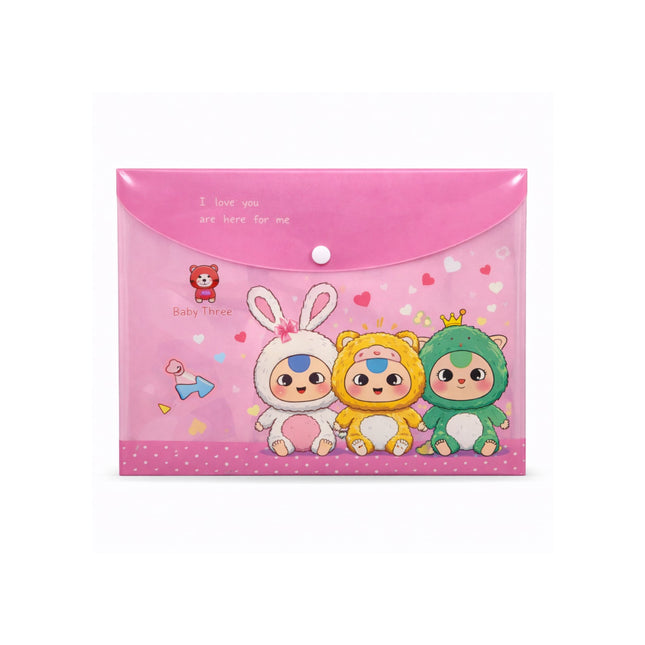 Pink envelope with cartoon characters on a white background