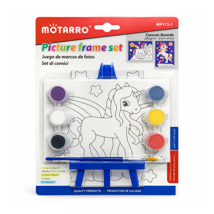 Motarro picture frame set packaging with unicorn design and paint pots on a white background