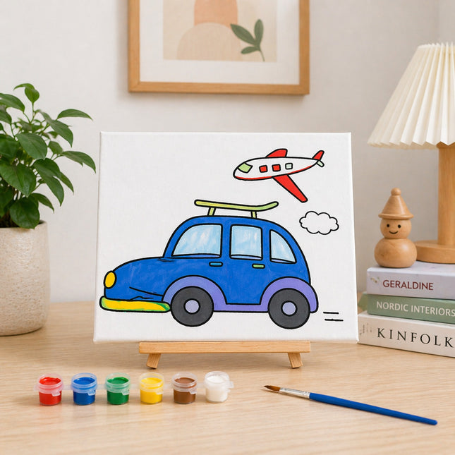 Child's drawing of a blue car with a surfboard and airplane on a white background, displayed on a wooden easel.
