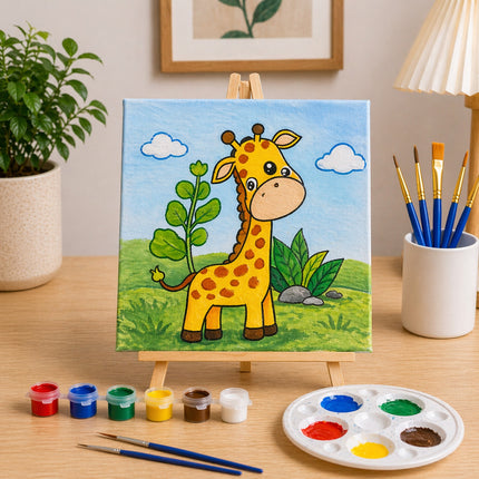 Children's painting of a giraffe on an easel with art supplies on a table.