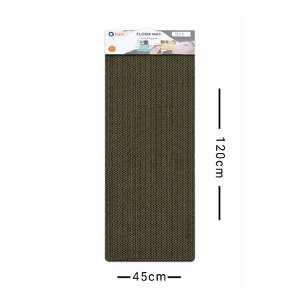 Dark green floor mat with packaging on a white background, showing dimensions.