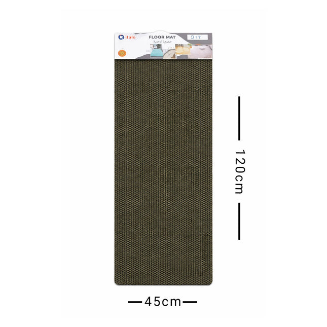 Dark green floor mat with packaging on a white background, showing dimensions.