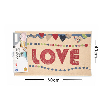 Decorative door mat with 'LOVE' text and measurements on a white background