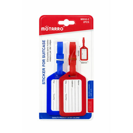 Packaged red and blue suitcase tags with Motarro branding on a white background