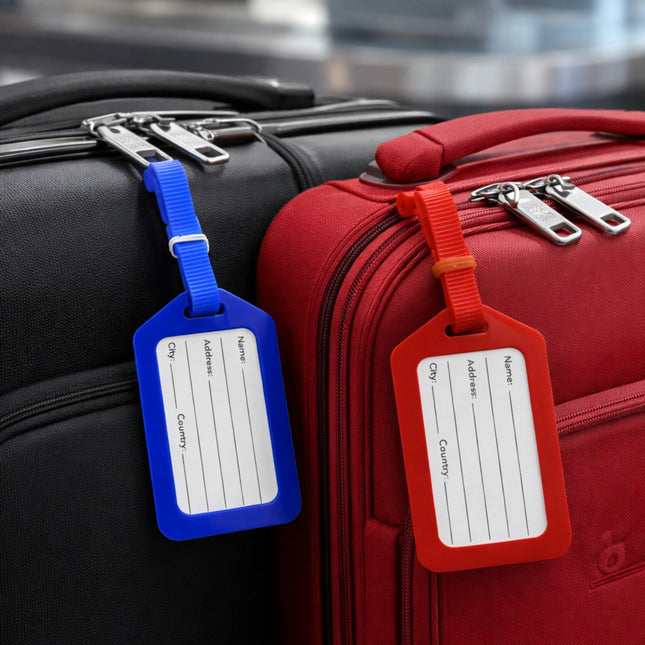Two suitcases, one black and one red, with blue and red luggage tags attached.