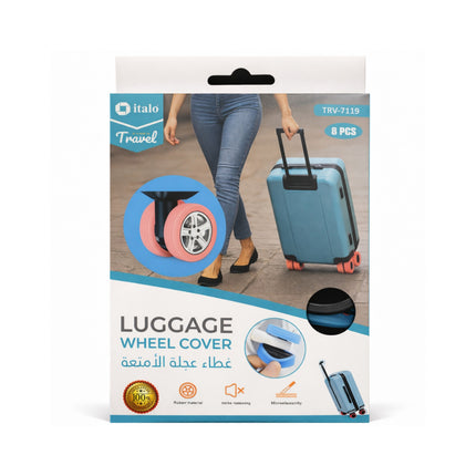 Packaging of Italo Travel luggage wheel covers with a person walking with a suitcase.