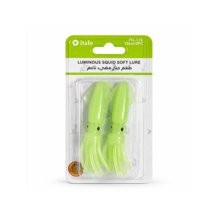 Packaged luminous squid soft lure with italo branding on a white background