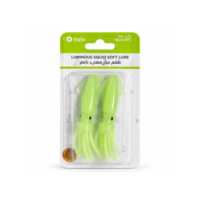 Packaged luminous squid soft lure with italo branding on a white background