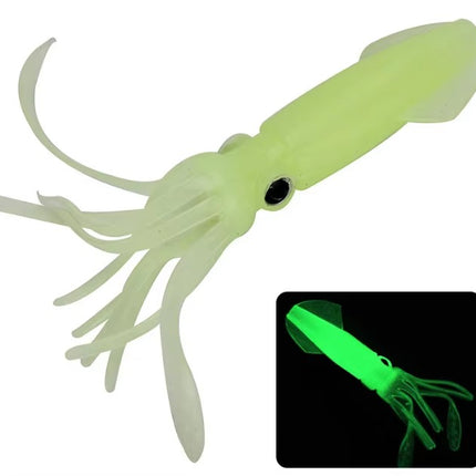 Glowing green squid-shaped fishing lure on a white background