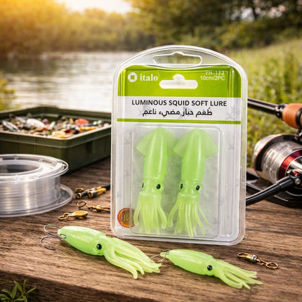 Packaged luminous squid soft lure with fishing equipment on a wooden surface by a lake.
