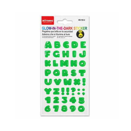 Packaging of glow-in-the-dark alphabet and number stickers with Motarro branding.