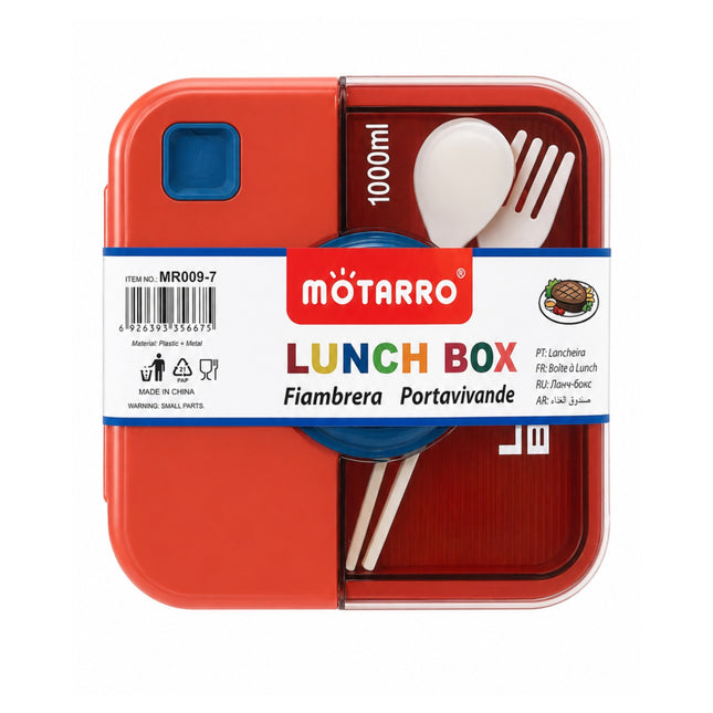 Red lunch box with cutlery set and Motarro branding on a white background