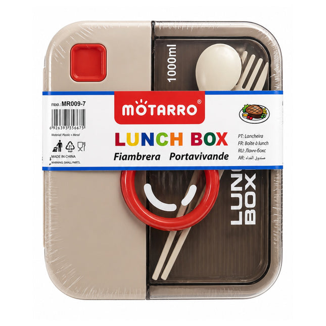 Motarro lunch box with cutlery set on a white background