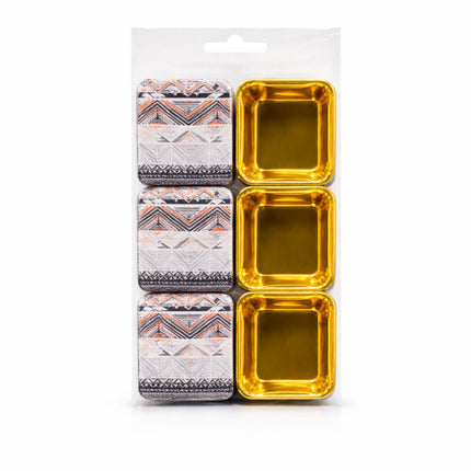 Set of square containers with gold and patterned designs on a white background