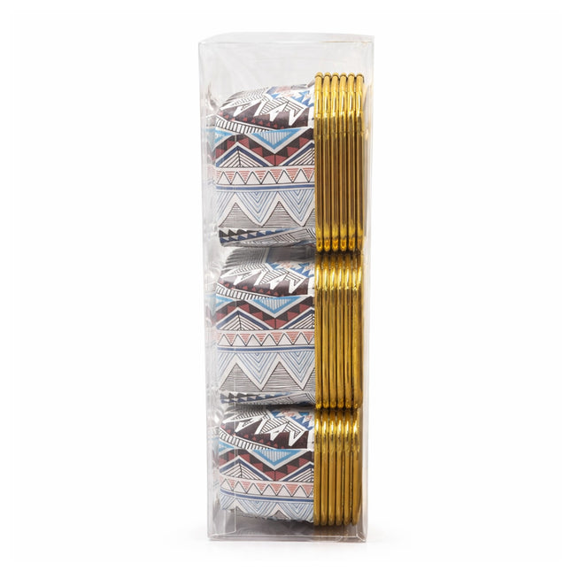 Packaged gold chopsticks with a patterned sleeve on a white background