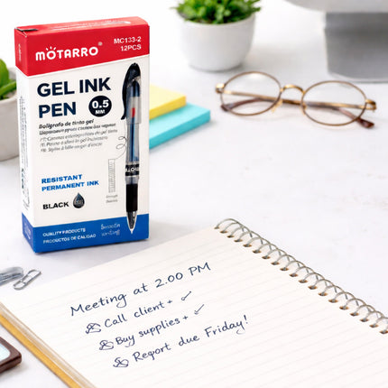 Motarro gel ink pen packaging with a pen and notebook on a desk