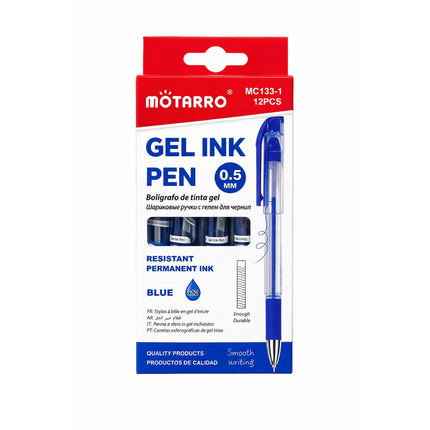 Pack of Motarro gel ink pens with blue ink on a white background