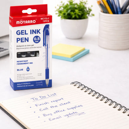 Motarro gel ink pen packaging with a pen and notebook on a desk