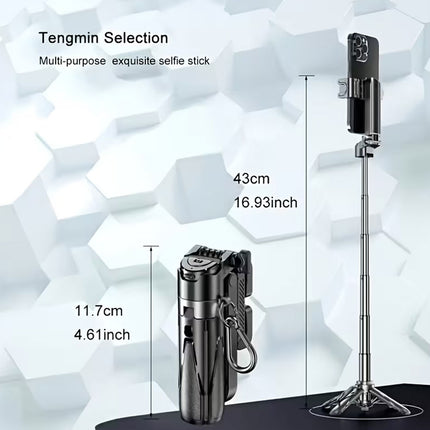 Multi-purpose selfie stick with dimensions labeled on a geometric background