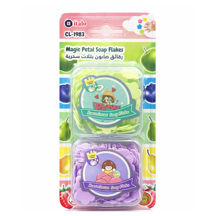 Packaging of Magic Petal Soap Flakes with colorful design and branding on a white background